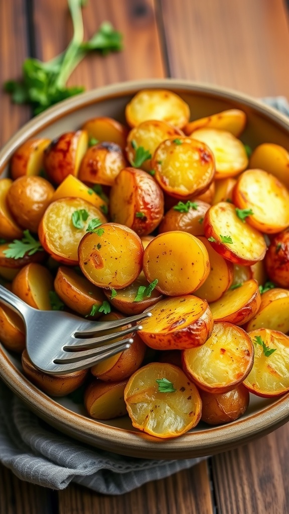 A bowl of crispy oven-roasted potatoes seasoned with herbs and garnished with parsley on a wooden table.